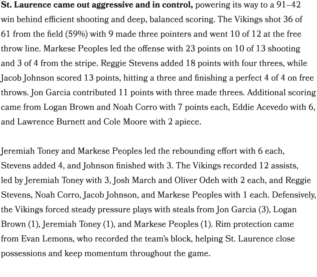 St. Laurence came out aggressive and in control, powering its way to a 91–42 win behind efficient shooting and deep, ...