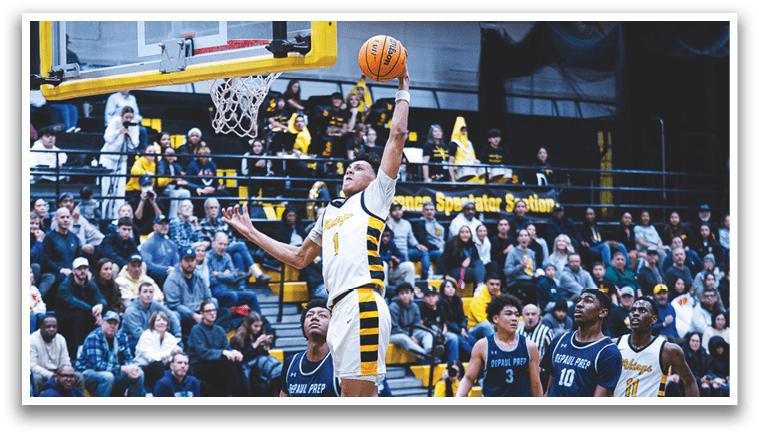 A basketball player leaps into the air to catch the ball. AI generated content