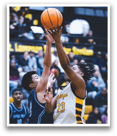 Two men are playing basketball, one of them is trying to block the other from getting the ball. AI generated content