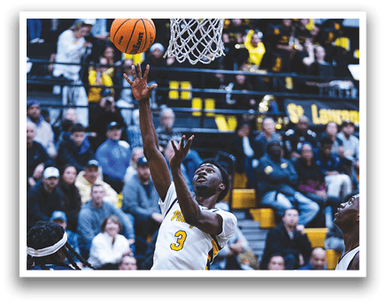 Two men are playing basketball, one of them is trying to block the other's shot. AI generated content