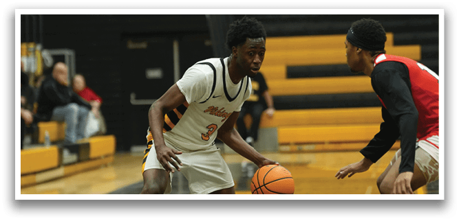 Two basketball players on the court, one holding a basketball. AI generated content
