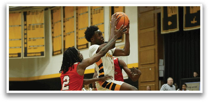 Two basketball players are fighting for the ball. AI generated content