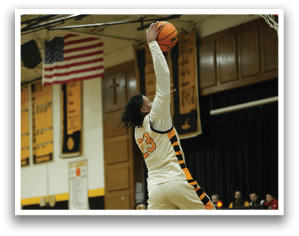 A basketball player is jumping in the air to catch a ball. AI generated content