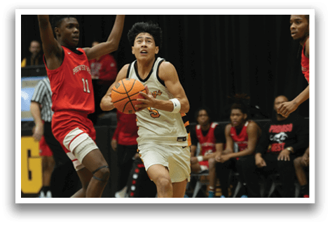 A basketball player is running with a ball in his hand, while another player tries to block him. AI generated content