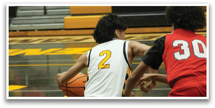 Two basketball players are fighting for the ball on the court. AI generated content