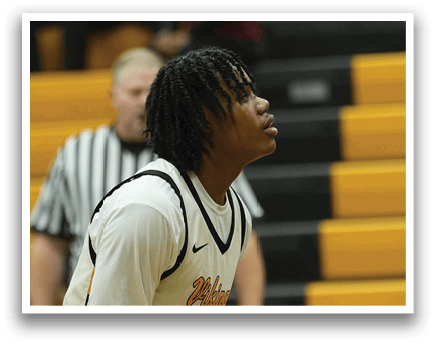 A basketball player holding a ball in a gym. AI generated content