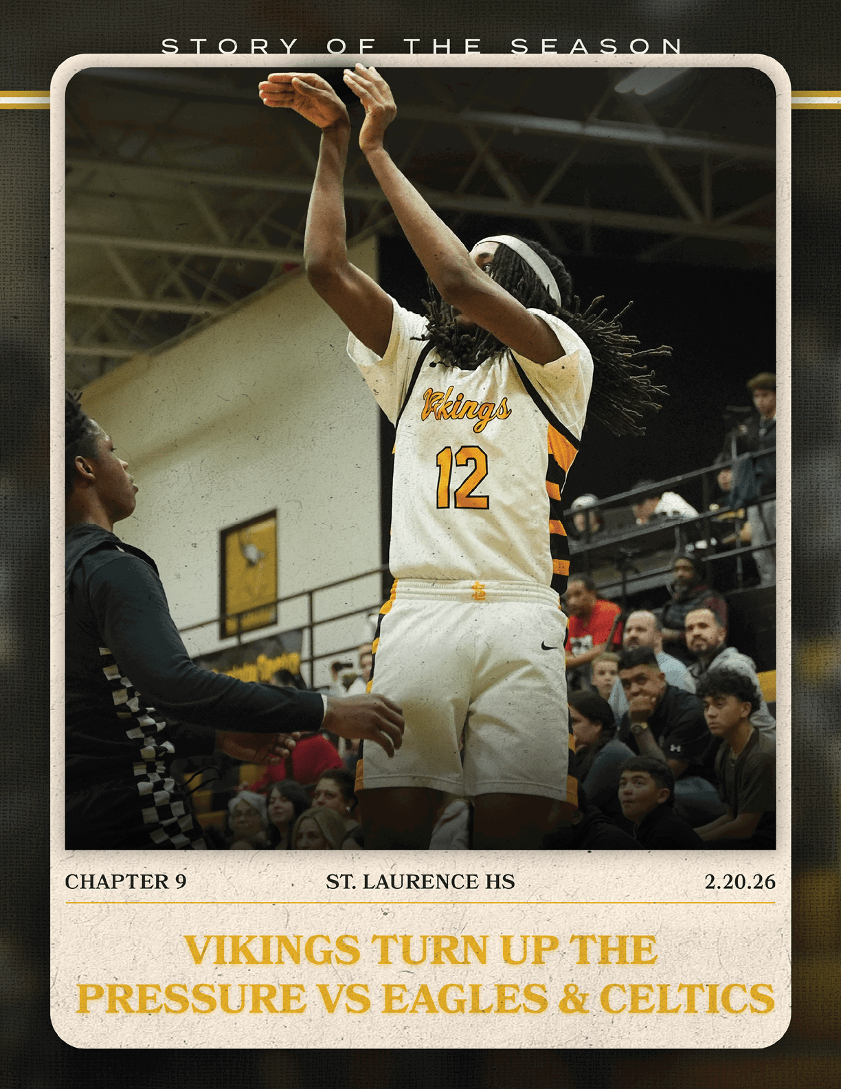 A basketball player wearing a white and black uniform shoots a free throw during a game. AI generated content