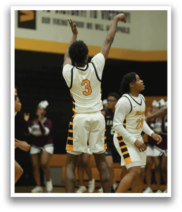 A basketball player wearing a yellow jersey shoots the ball. AI generated content