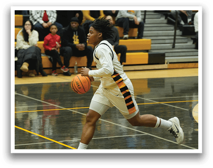 A basketball player is running with a ball in his hand. AI generated content