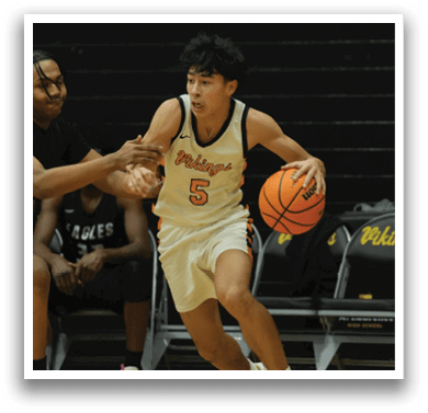 A basketball player wearing a white uniform is running with a basketball in his hand. AI generated content