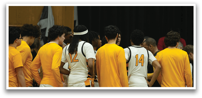 A group of men wearing yellow shirts and white shorts are standing together, possibly on a basketball court. AI generated content
