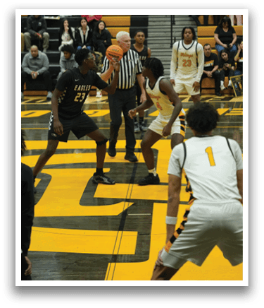 A group of men playing basketball on a court with a crowd watching. AI generated content