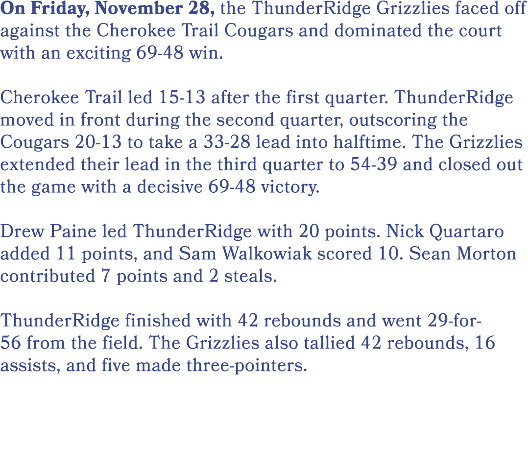 On Friday, November 28, the ThunderRidge Grizzlies faced off against the Cherokee Trail Cougars and dominated the cou...
