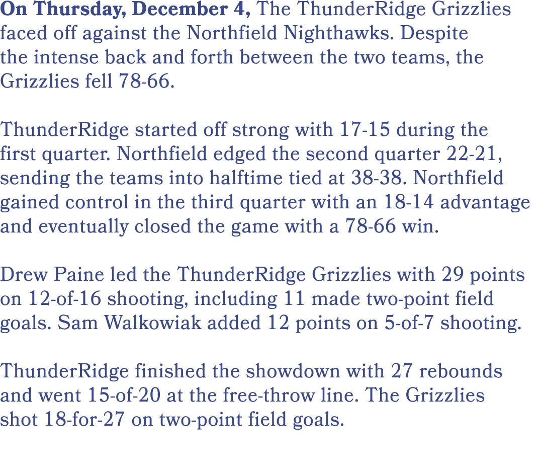 On Thursday, December 4, The ThunderRidge Grizzlies faced off against the Northfield Nighthawks. Despite the intense ...