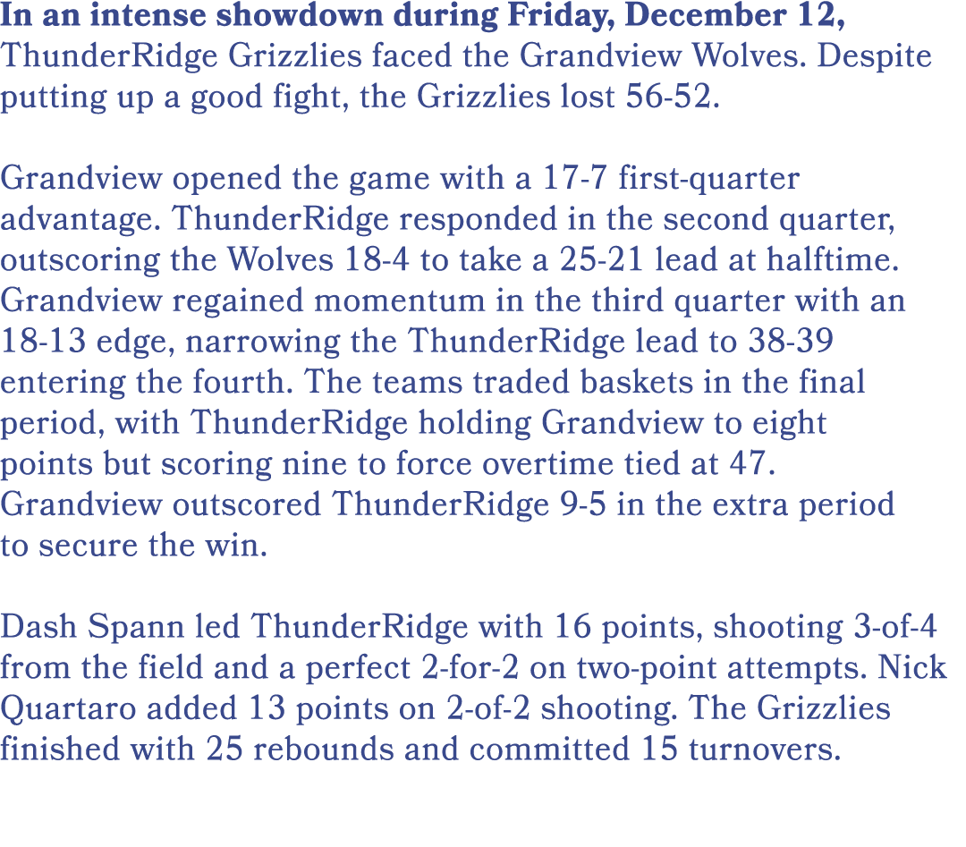 In an intense showdown during Friday, December 12, ThunderRidge Grizzlies faced the Grandview Wolves. Despite putting...