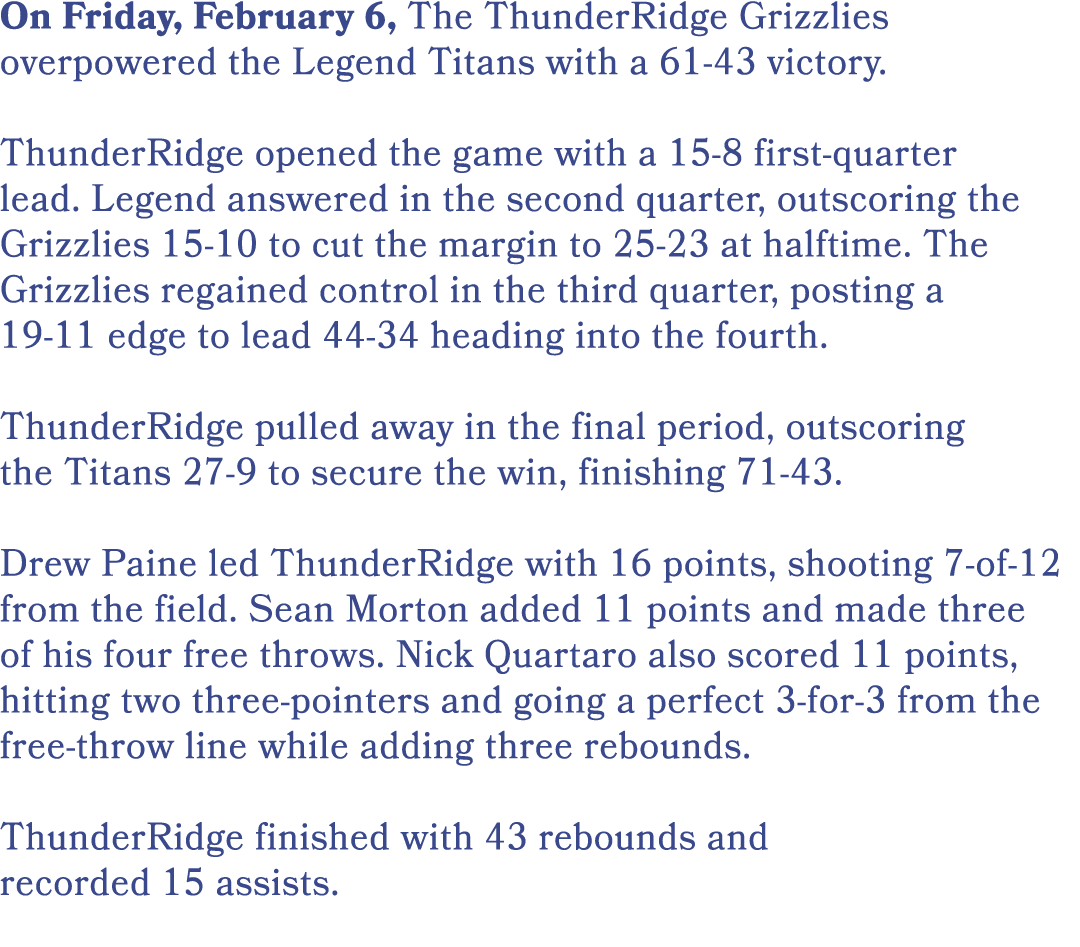 On Friday, February 6, The ThunderRidge Grizzlies overpowered the Legend Titans with a 61 43 victory. ThunderRidge op...