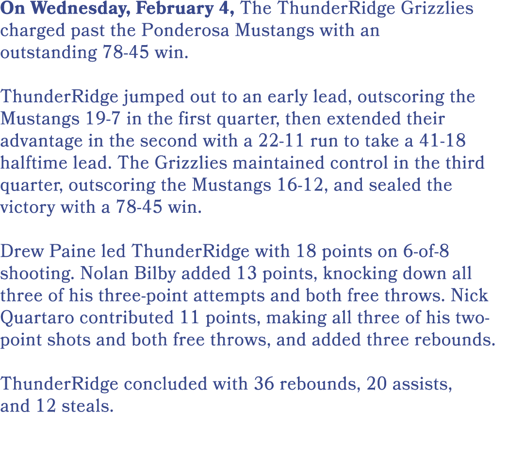 On Wednesday, February 4, The ThunderRidge Grizzlies charged past the Ponderosa Mustangs with an outstanding 78 45 wi...