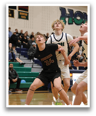 Two men are playing basketball, one wearing a black shirt and the other wearing a white shirt. The black shirt player is attempting to block the white shirt player from scoring. AI generated content