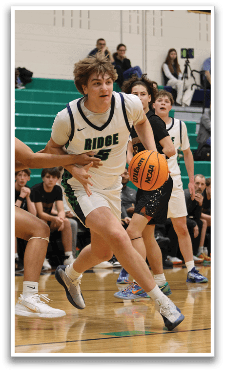 A basketball player in a white uniform is running with the ball, while another player tries to block him. AI generated content