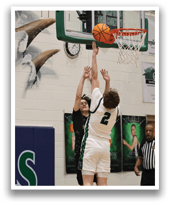Two basketball players jumping for the ball, one with the number 2 on his jersey. AI generated content