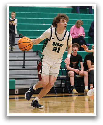 A basketball player wearing a Ridge uniform is running with a basketball in his hand. AI generated content