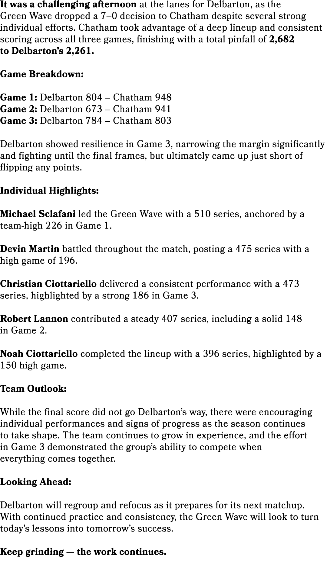 It was a challenging afternoon at the lanes for Delbarton, as the Green Wave dropped a 7–0 decision to Chatham despit...