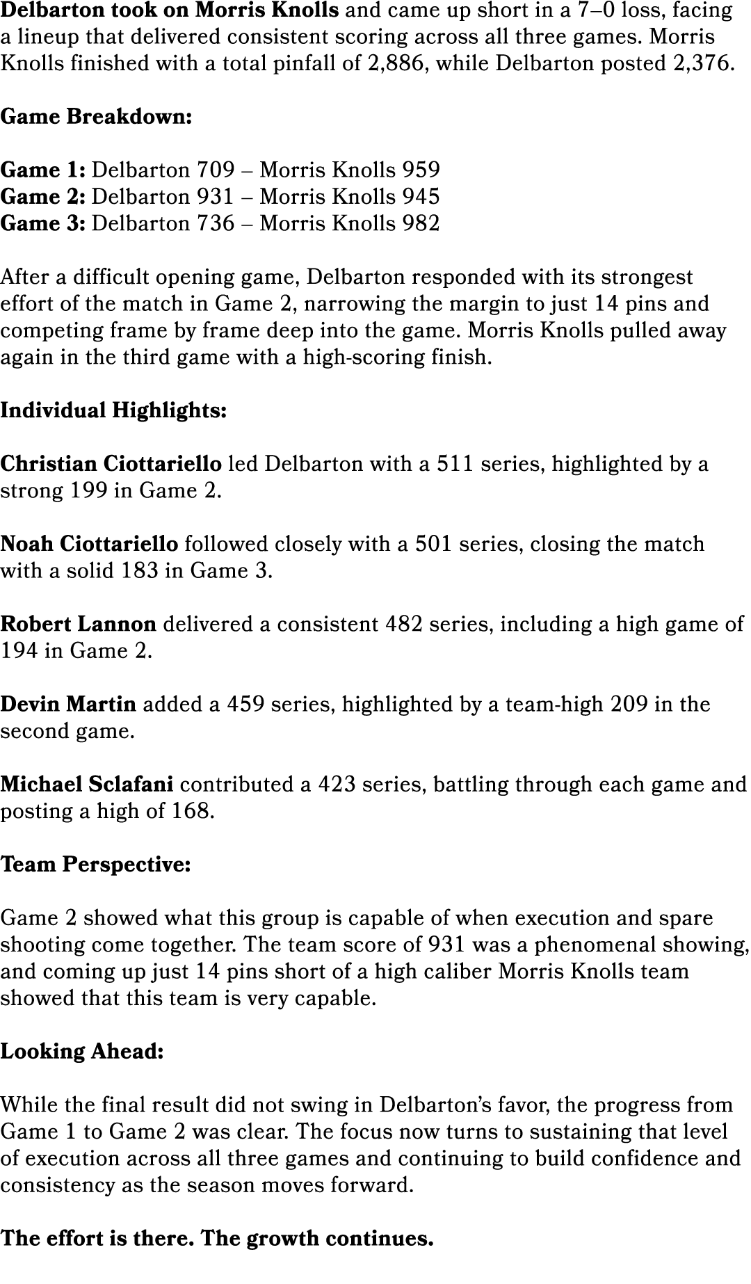 Delbarton took on Morris Knolls and came up short in a 7–0 loss, facing a lineup that delivered consistent scoring ac...