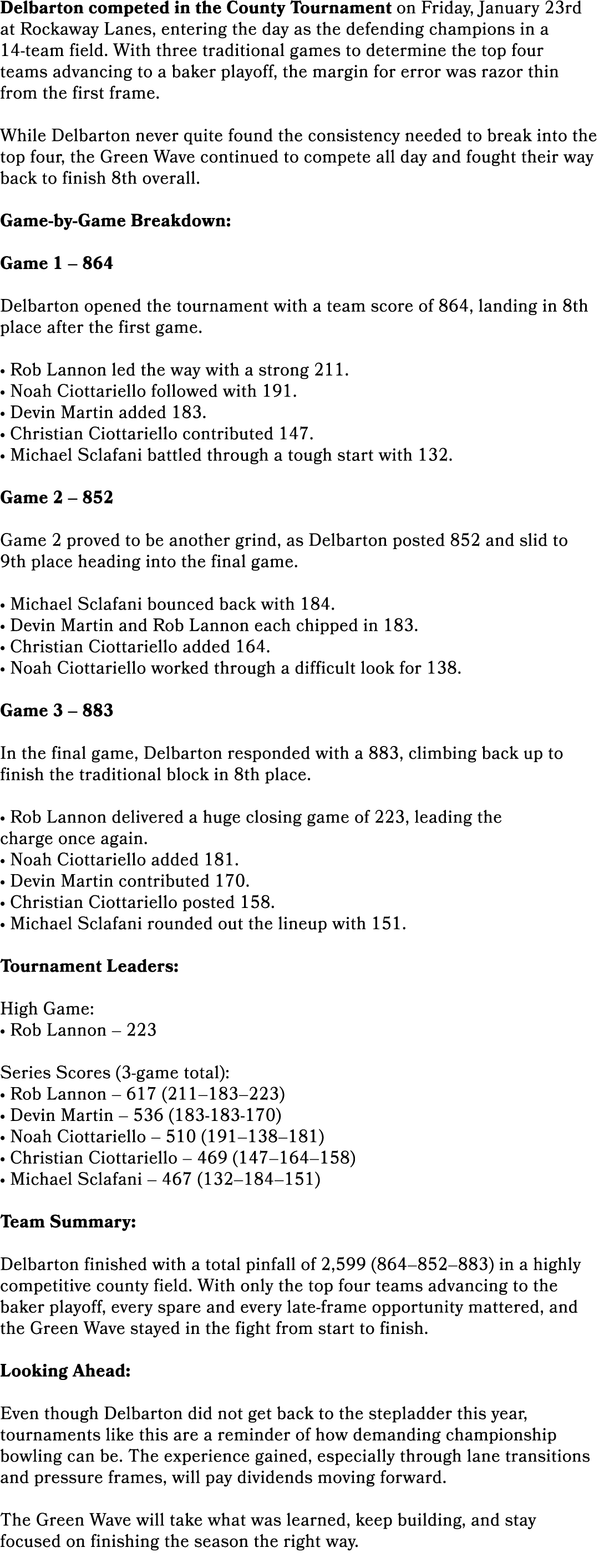 Delbarton competed in the County Tournament on Friday, January 23rd at Rockaway Lanes, entering the day as the defend...