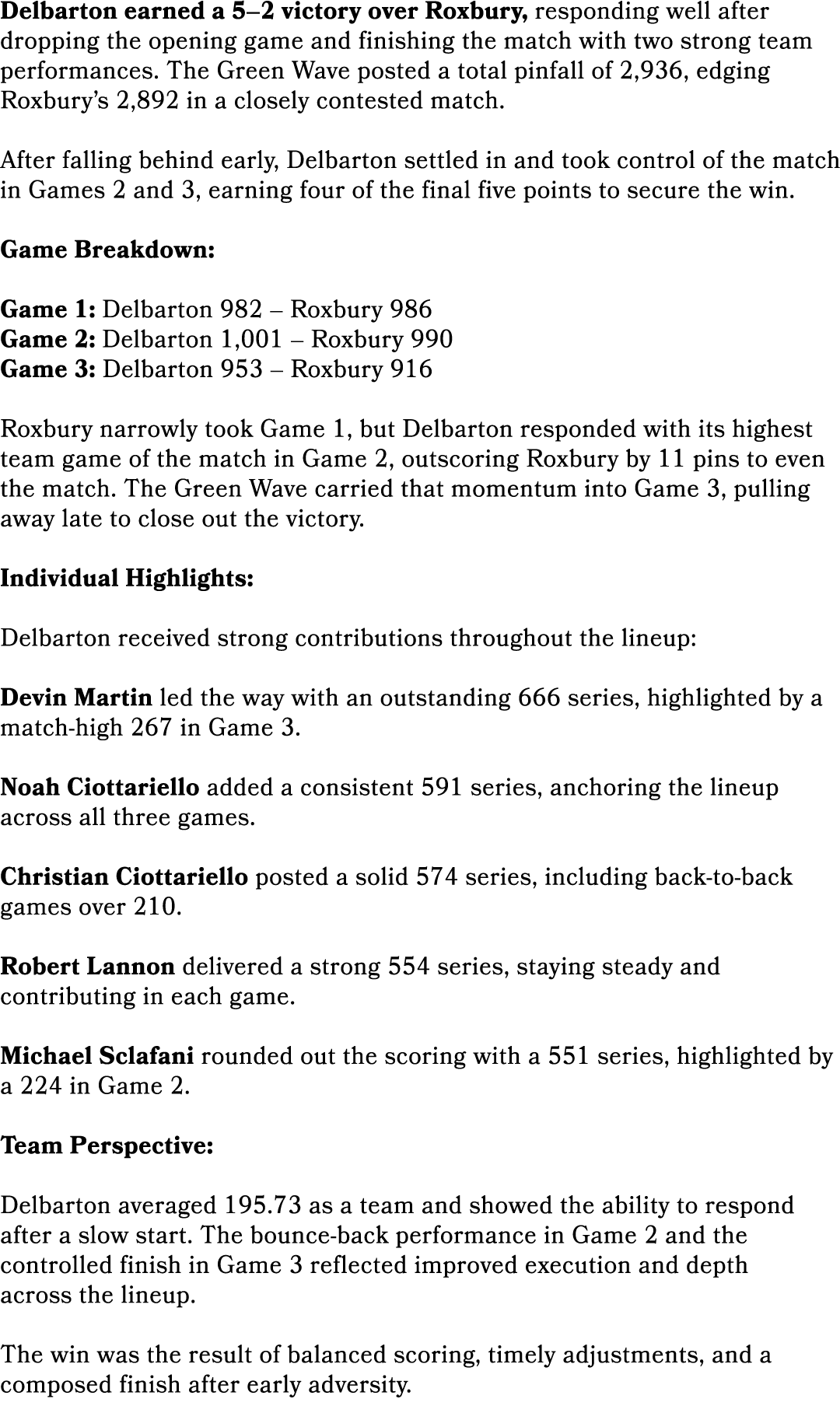 Delbarton earned a 5–2 victory over Roxbury, responding well after dropping the opening game and finishing the match ...