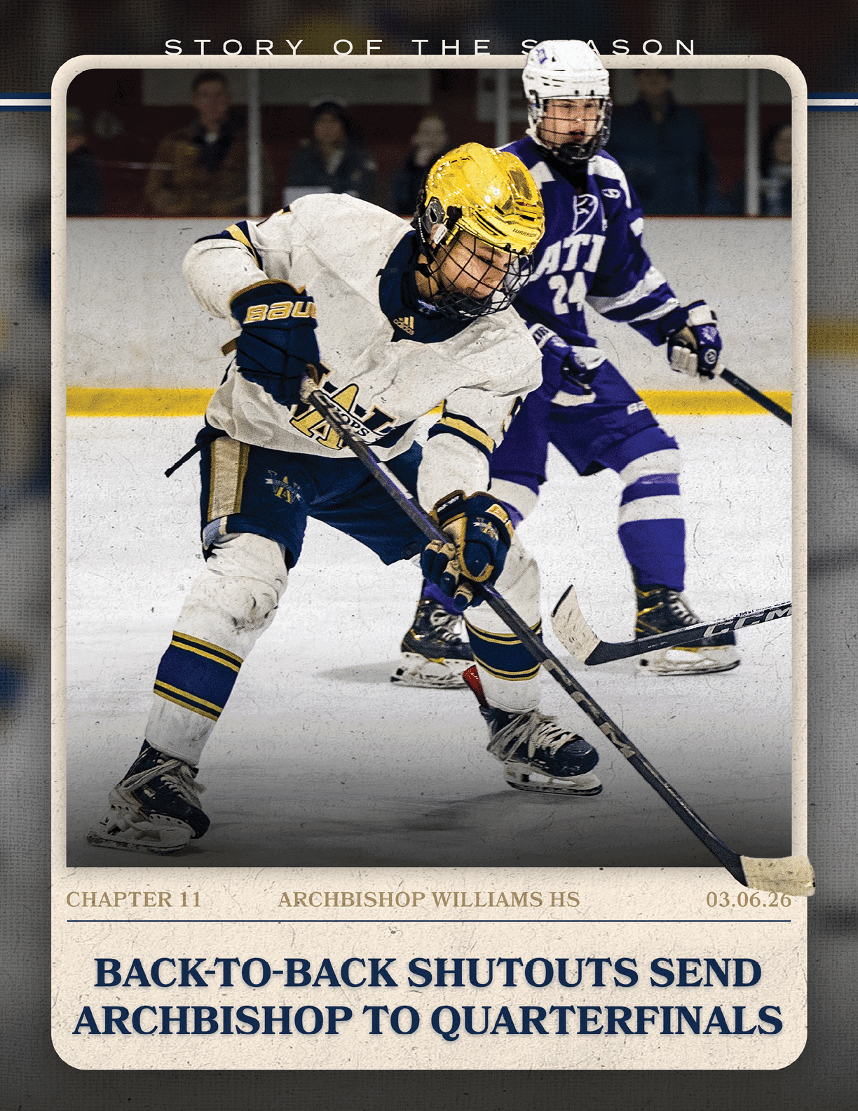 A hockey player in a white uniform is holding a hockey stick. AI generated content