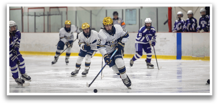 A group of hockey players on the ice, one of them is holding a stick and is about to shoot the puck. AI generated content