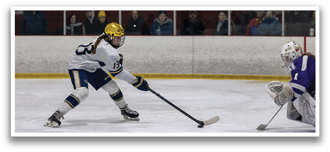 A female ice hockey player is about to shoot the puck. AI generated content