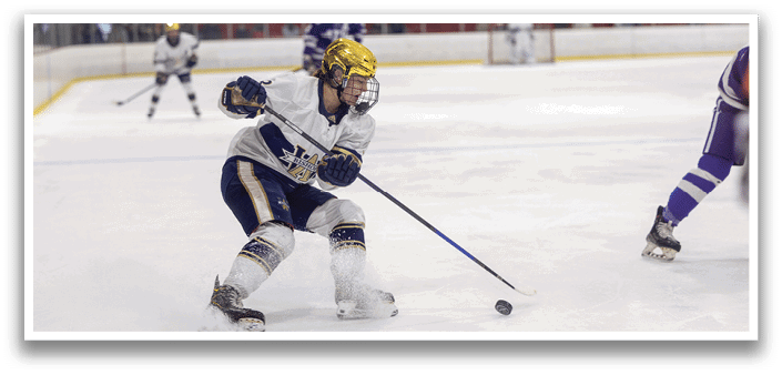 A hockey player in a blue and gold uniform is holding a stick and skating on the ice. AI generated content