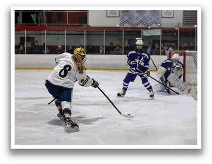 A female ice hockey player is about to shoot the puck. AI generated content