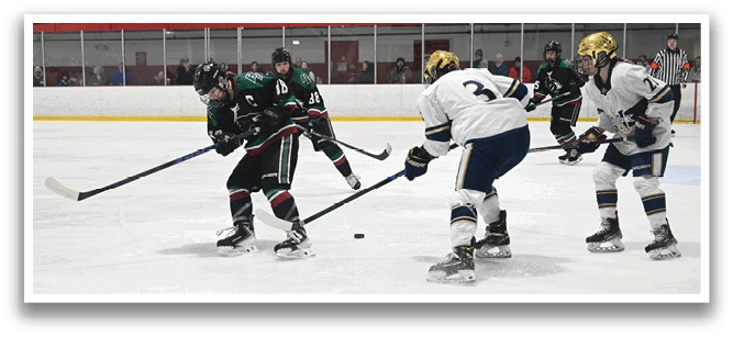 A group of hockey players on the ice, one of them is wearing a green jersey. AI generated content