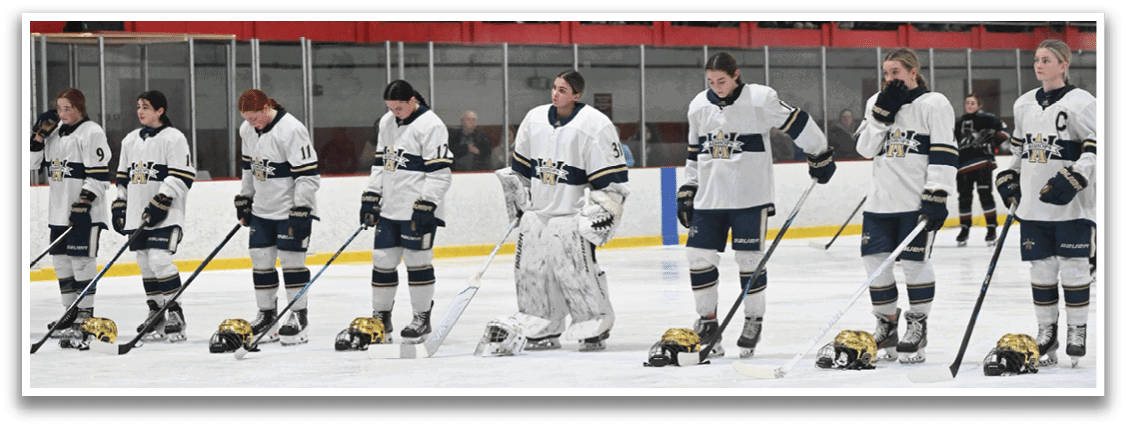 A group of hockey players are standing on the ice, wearing their uniforms and holding their hockey sticks. AI generated content