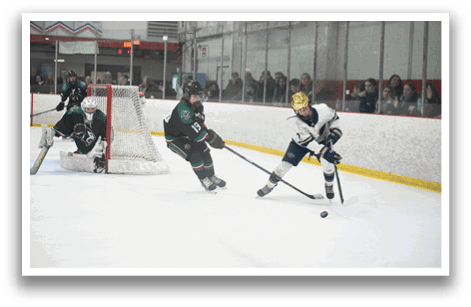 A hockey game is in progress with players on the ice. A player is about to shoot the puck while others are in position. AI generated content