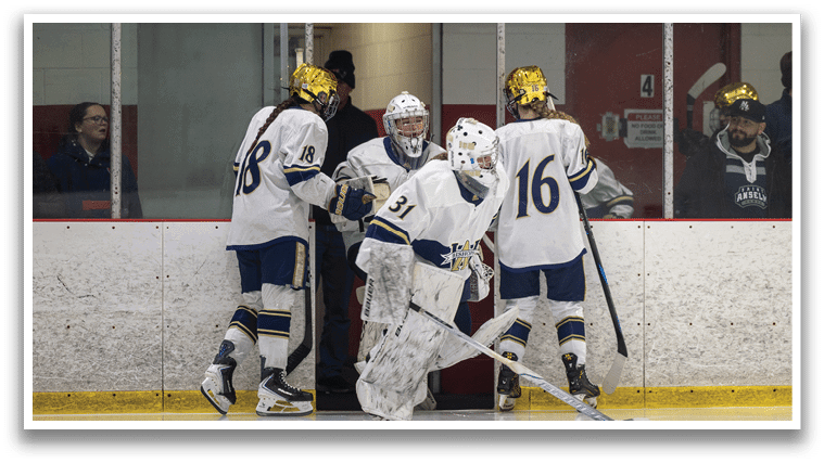 A group of hockey players wearing white uniforms are standing on the ice. AI generated content