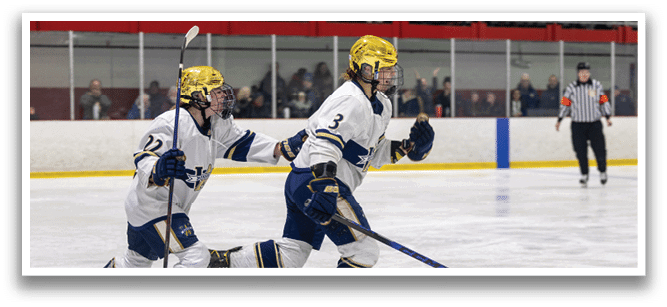 Two hockey players on ice, one with a blue helmet and the other with a yellow helmet. AI generated content