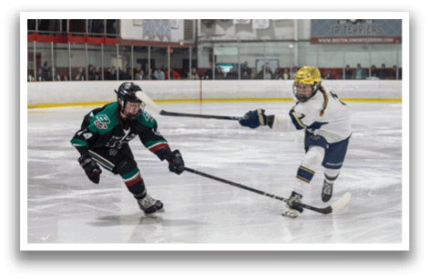 Two female hockey players on the ice, one with a stick in her hand. AI generated content