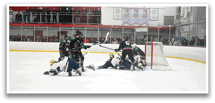 A group of hockey players on the ice, with one player falling to the ground. AI generated content