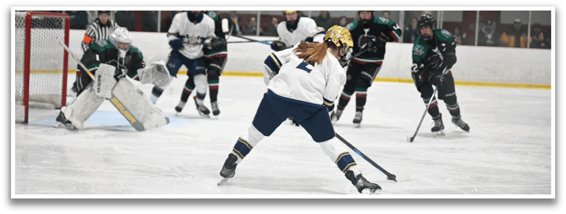 A female hockey player is in the middle of a game, holding a hockey stick and preparing to shoot the puck. AI generated content