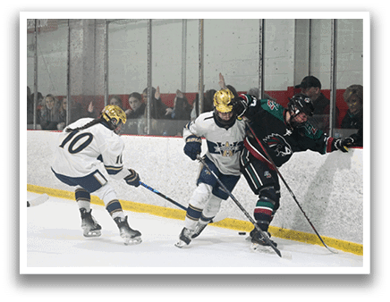 Three hockey players on ice, one with a stick, another with a stick and a puck, and the third with a stick and a puck. AI generated content