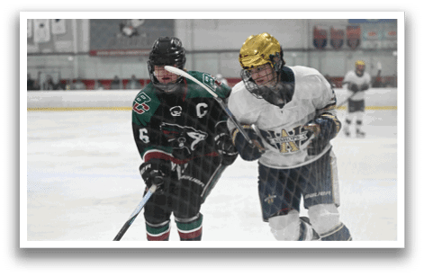 Two hockey players on the ice, one wearing a green jersey and the other wearing a white jersey. AI generated content