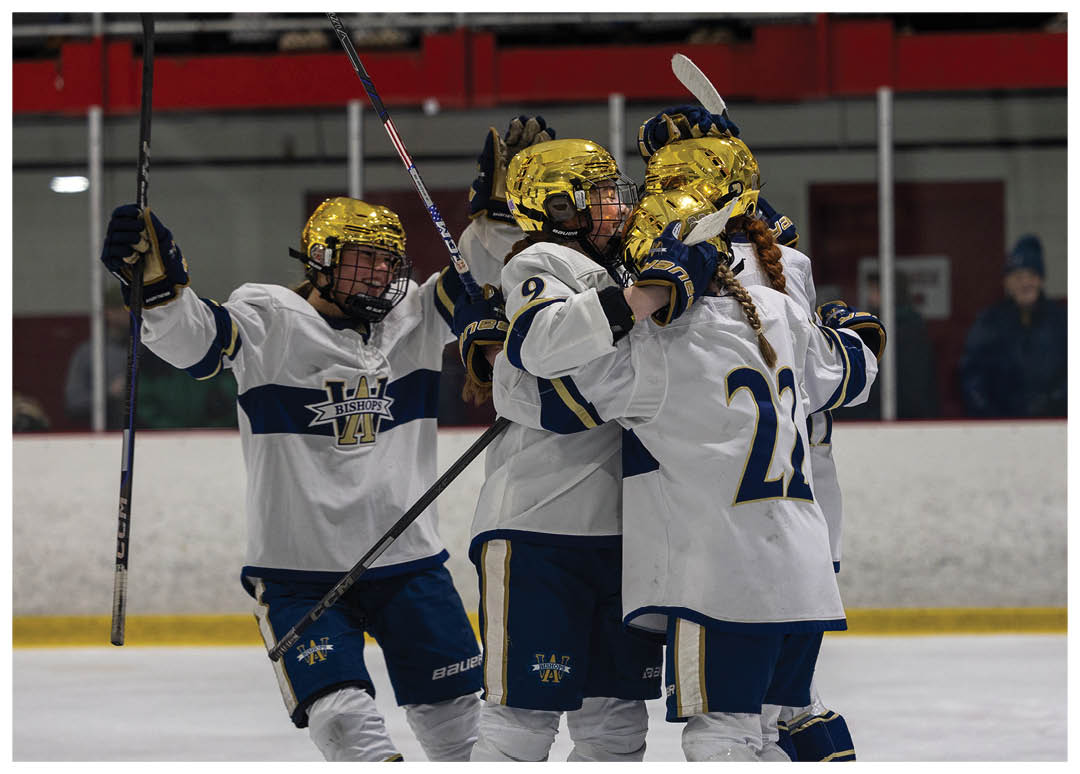 Three hockey players celebrating a goal with their teammates. AI generated content