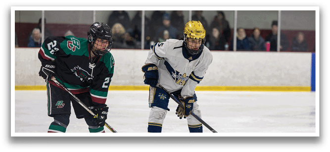 Two hockey players are on the ice, one wearing a green jersey and the other wearing a white jersey. They are both holding hockey sticks and are ready to play. AI generated content