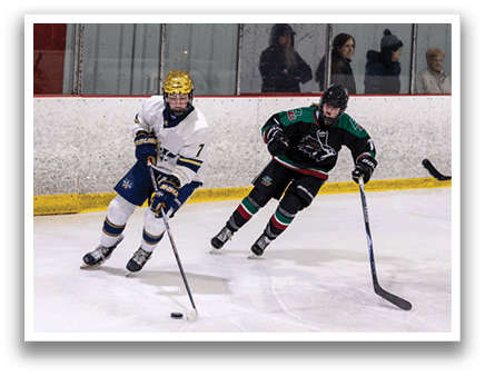 Two hockey players on ice, one wearing a green and black uniform and the other wearing a white and blue uniform. AI generated content