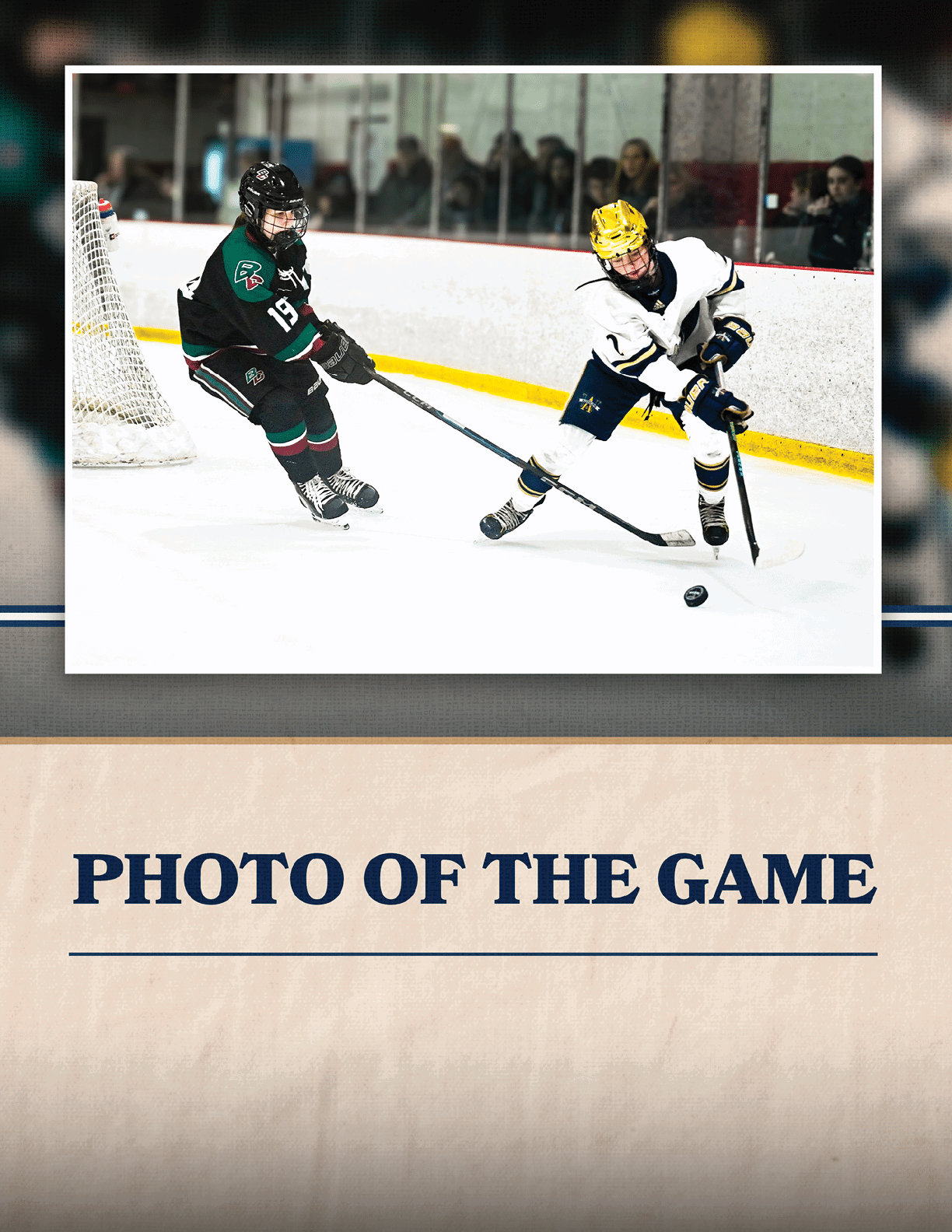 Two hockey players on ice, one with a blue shirt and the other with a black shirt. AI generated content