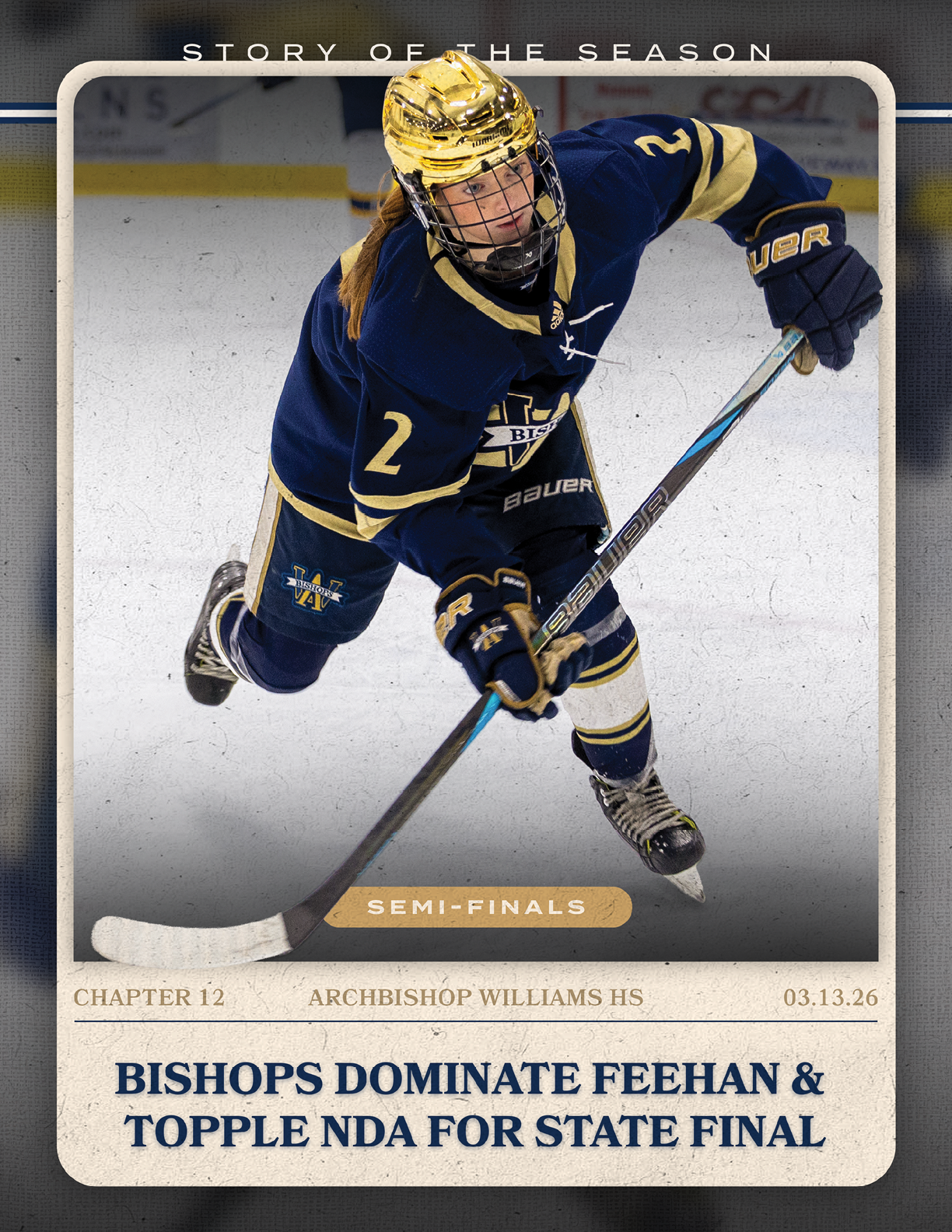 A female hockey player in a blue and gold uniform holding a hockey stick. AI generated content