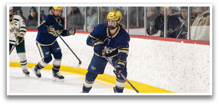 A hockey player in a blue uniform is holding a stick and skating on the ice. AI generated content